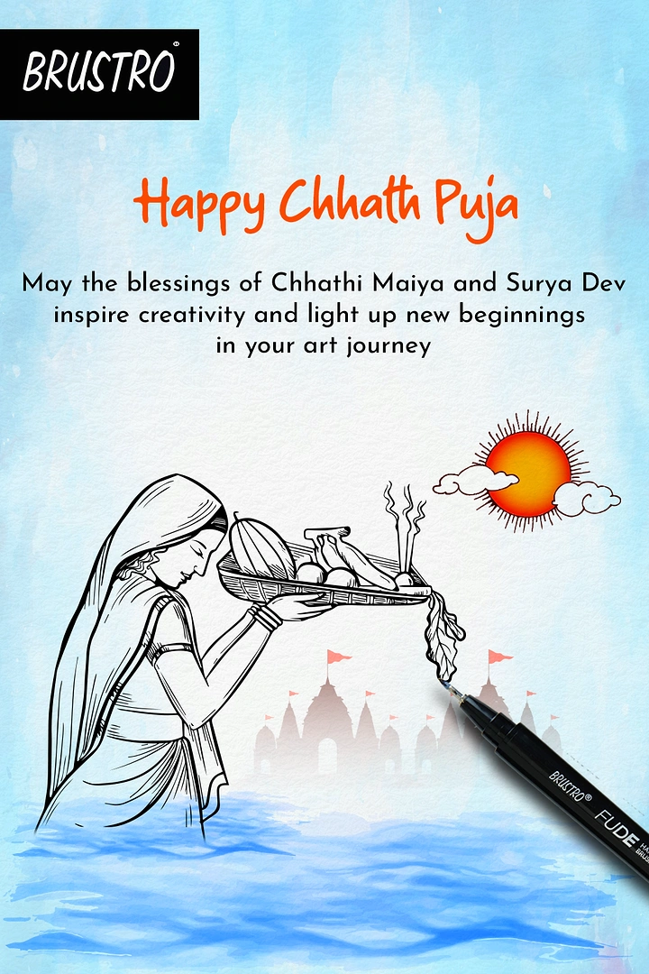 Chhath Puja creative ad: Ink-sketch woman offering fruit basket, drawn by a brush pen