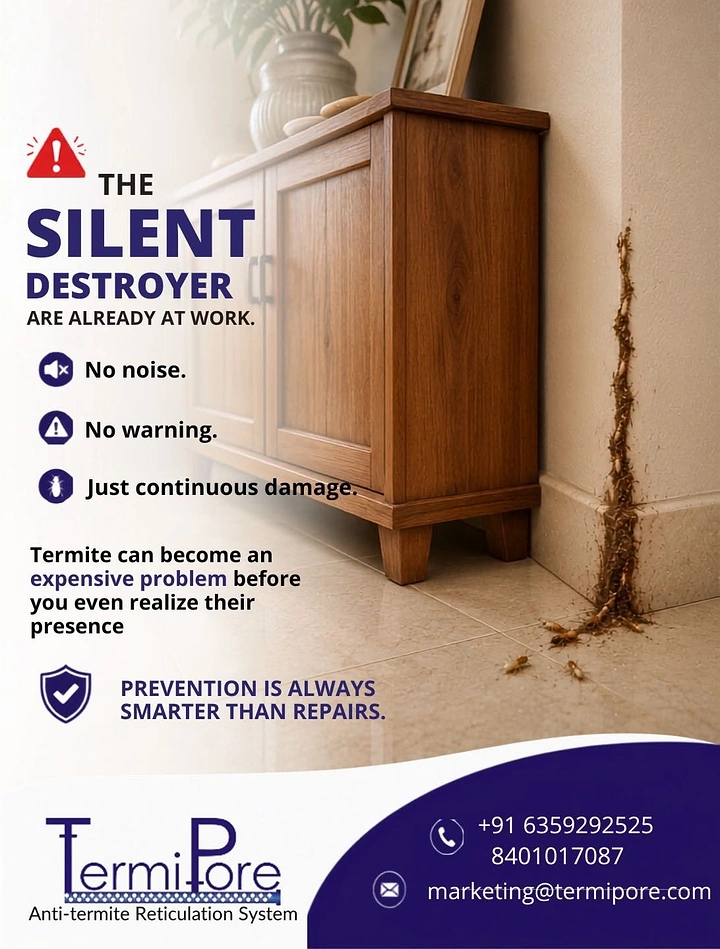 Pest Control creative ad: Termite trail crack up cabinet, silent destroyer