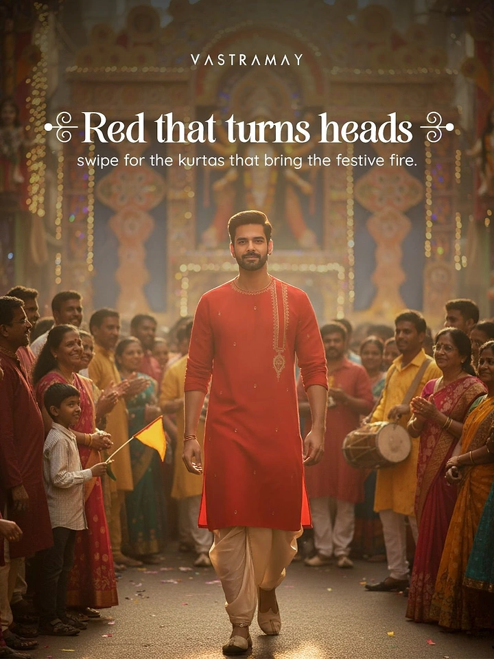 Navratri creative ad: A man in a red festive kurta walking through a lively celebration