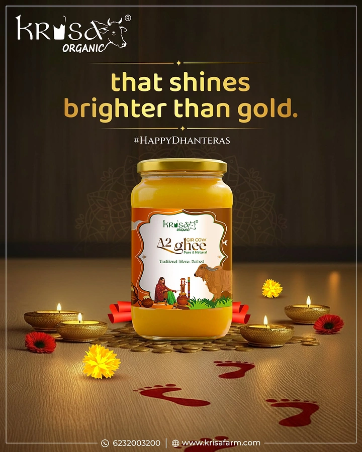 Dhanteras creative ad: Glass jar of golden ghee on gold coins with diyas