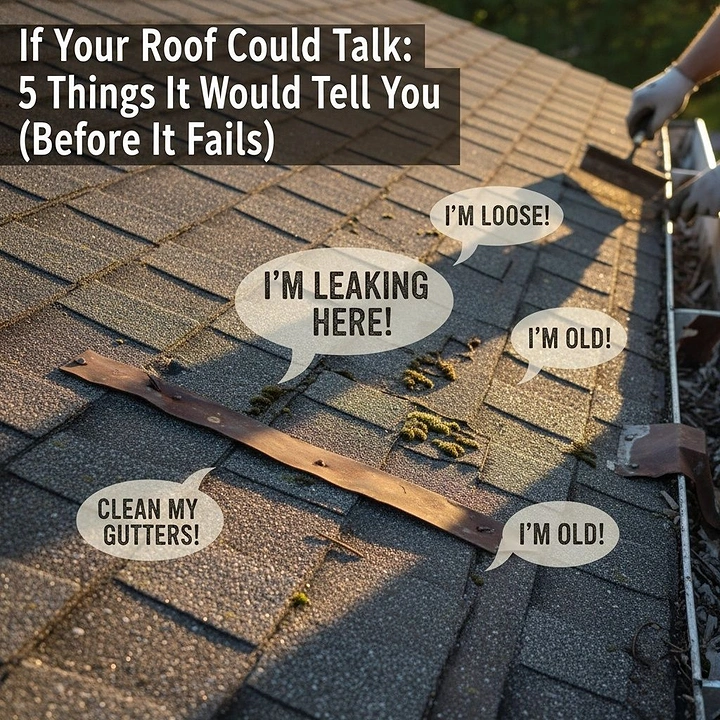 Roofing creative ad: Talking roof damage speech bubbles