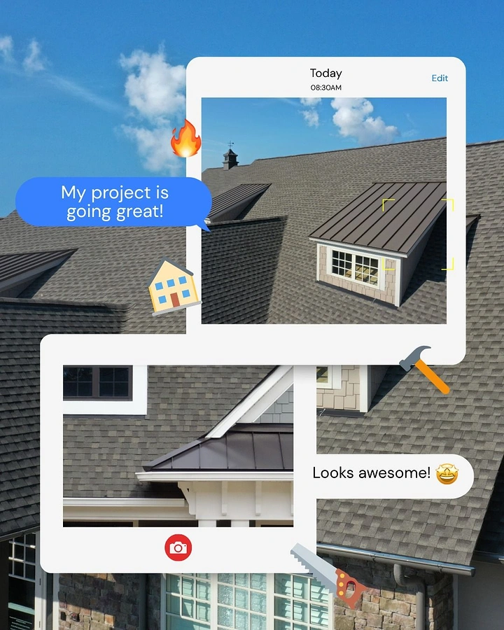 Roofing creative ad: Roof project shown as phone photo chat