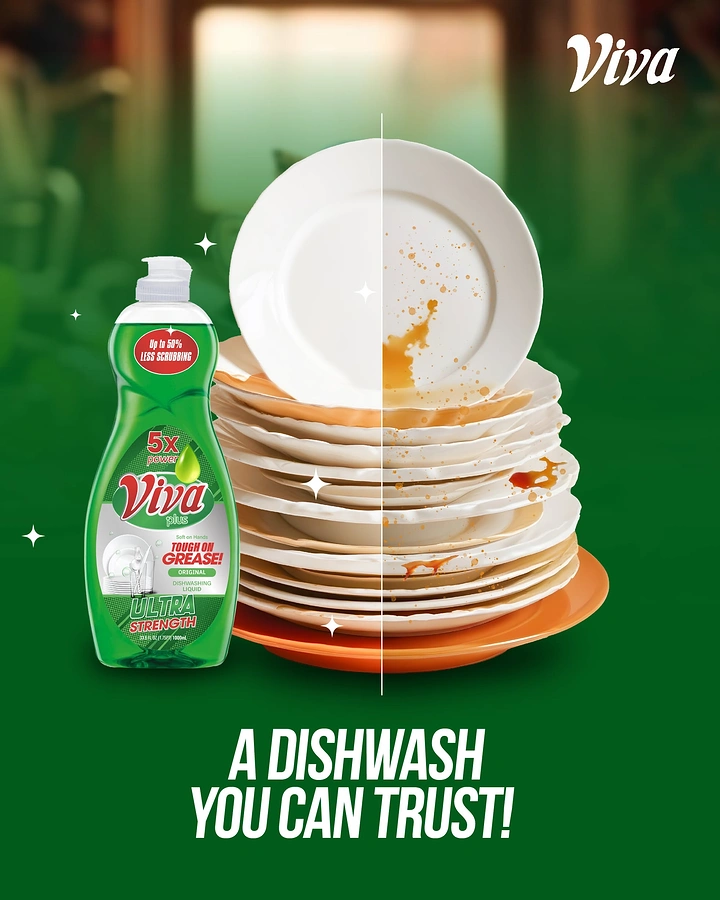 Detergents & Home Cleaning Products creative ad: Dishwash bottle beside a stack of half-clean, half-stained plates