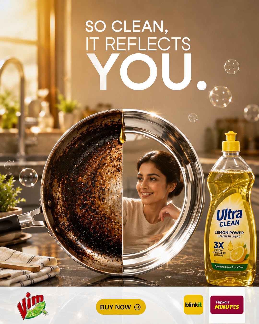 Instagram post: Half-burnt, half-polished pan reflecting a smiling woman