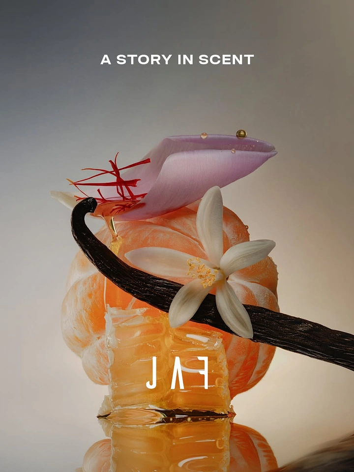 Perfume & Fragrance creative ad: Still-life stack of fragrance ingredients: mandarin, vanilla, blossom, saffron, honeycomb