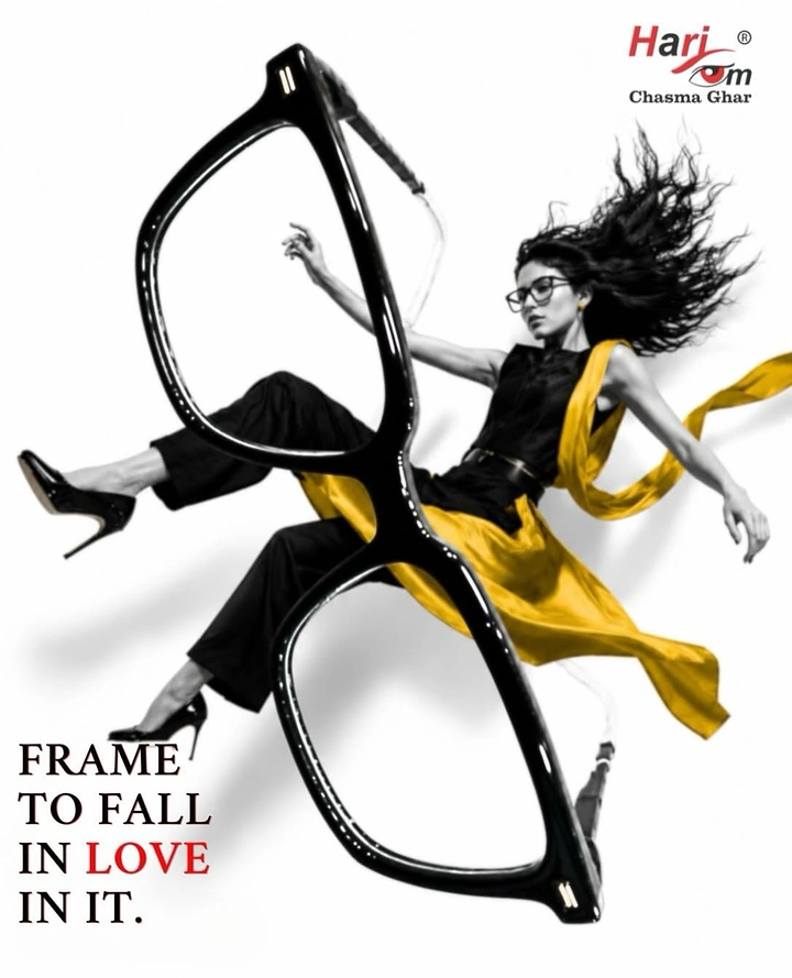 Opticians & Eye Care creative ad: Woman in eyeglasses floating through a giant black eyeglass frame