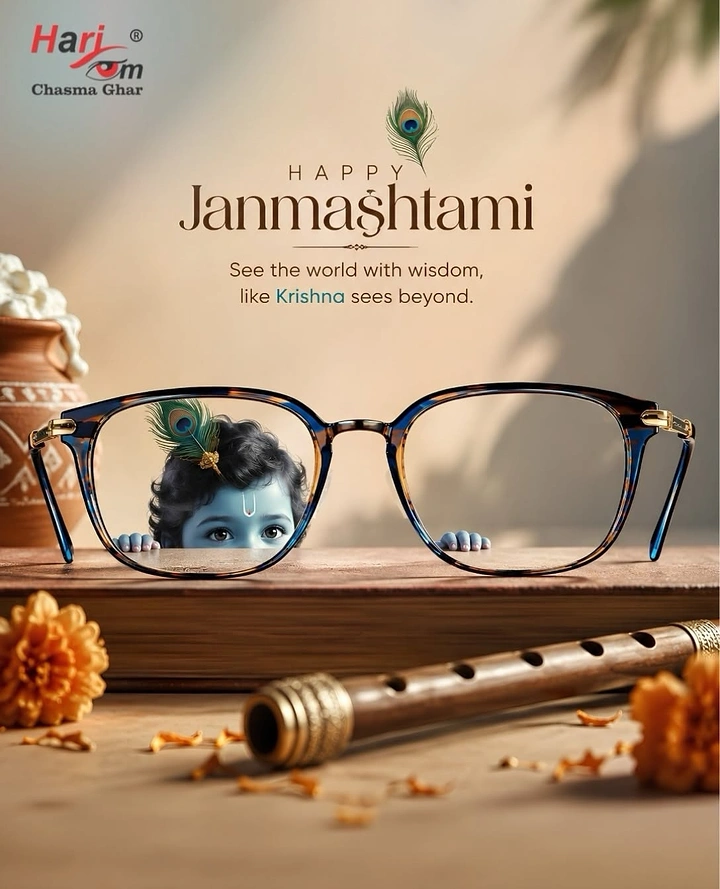 Janmashtami creative ad: Baby Krishna peeking through a pair of spectacles