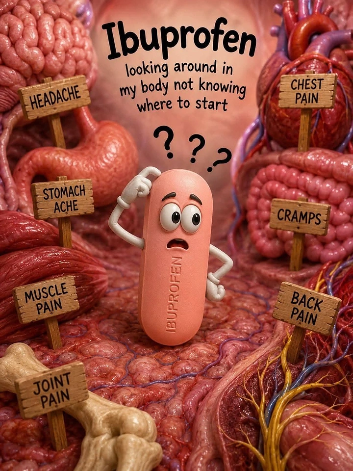 Pain Relief Brands creative ad: Ibuprofen character surrounded by pain cues