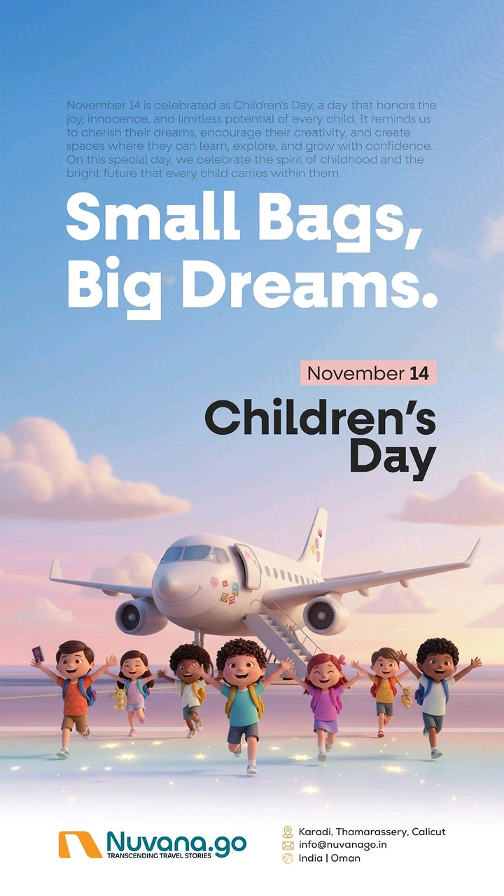 Children's Day creative ad: 3D cartoon kids with backpacks running from a smiling airplane