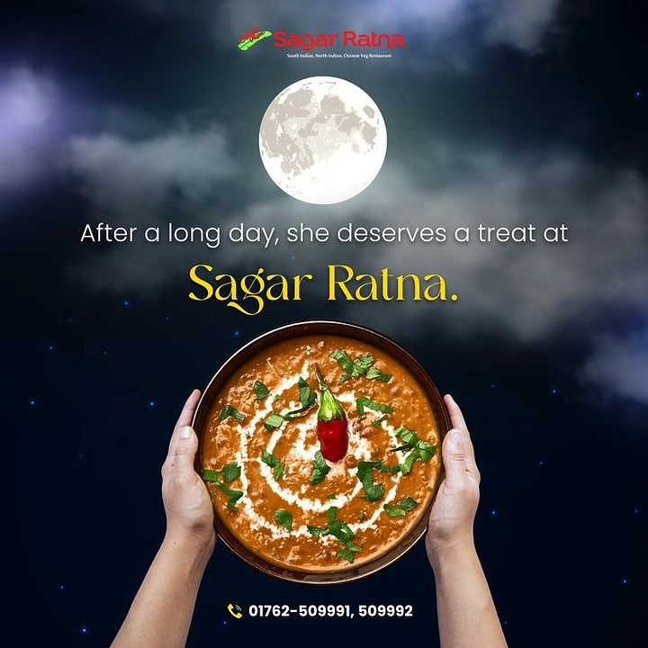 Karwa Chauth creative ad: Hands raising a bowl of creamy curry toward the full moon