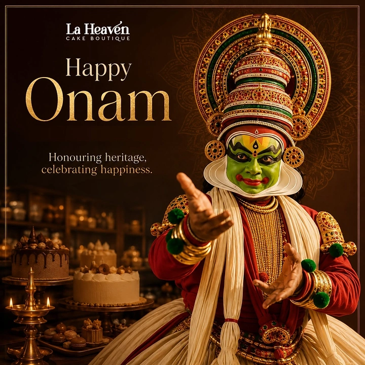 Onam creative ad: Kathakali performer gesturing towards a display of cakes