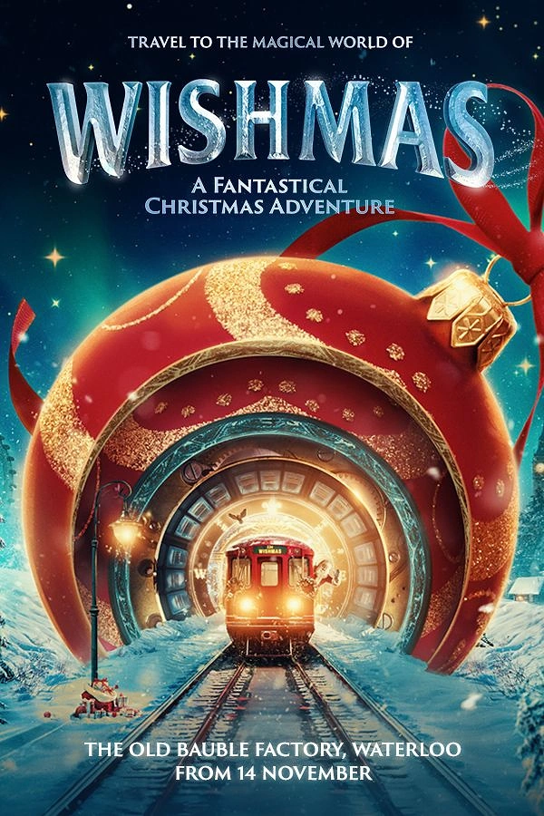 Christmas creative ad: Train emerging from a tunnel inside a giant red Christmas bauble
