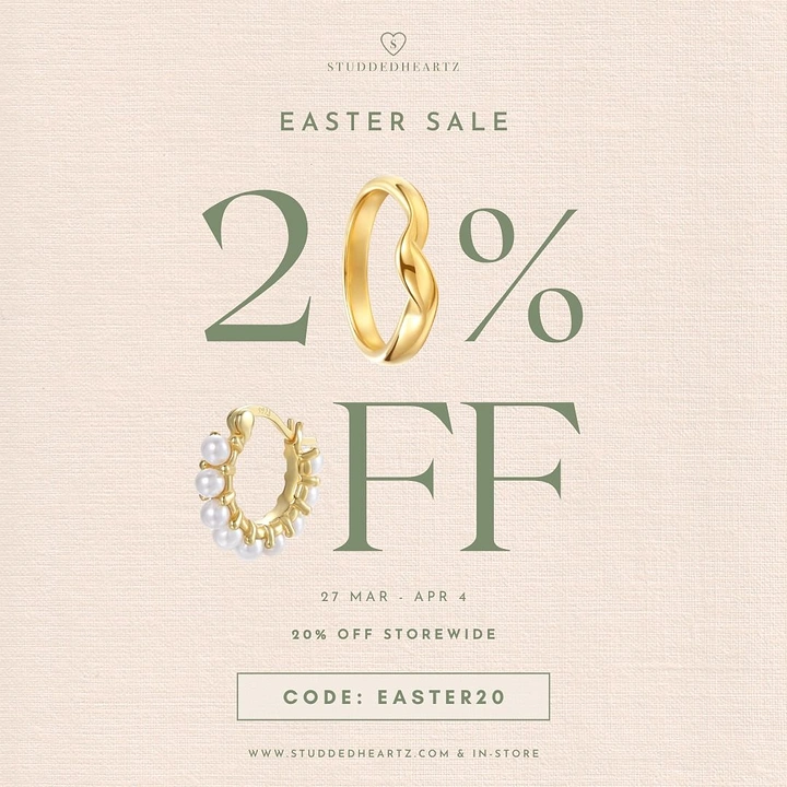 Easter creative ad: Gold ring and pearl hoop standing in for the zeros in 20% OFF