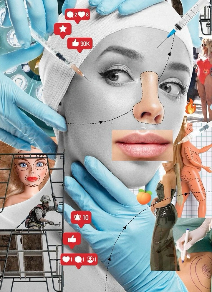 Plastic Surgery Clinics creative ad: Surreal social-media collage frames facial sculpting