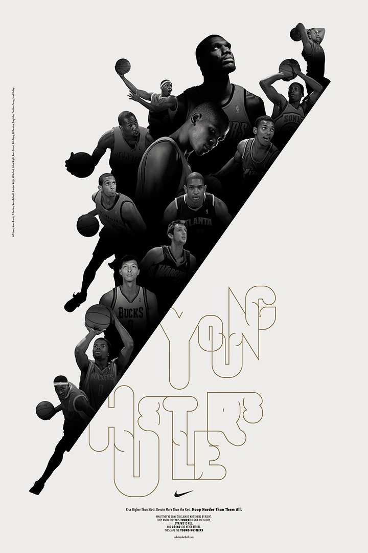 Sneakers & Footwear creative ad: Monochrome cutouts of young basketball players cascading in a diagonal wedge