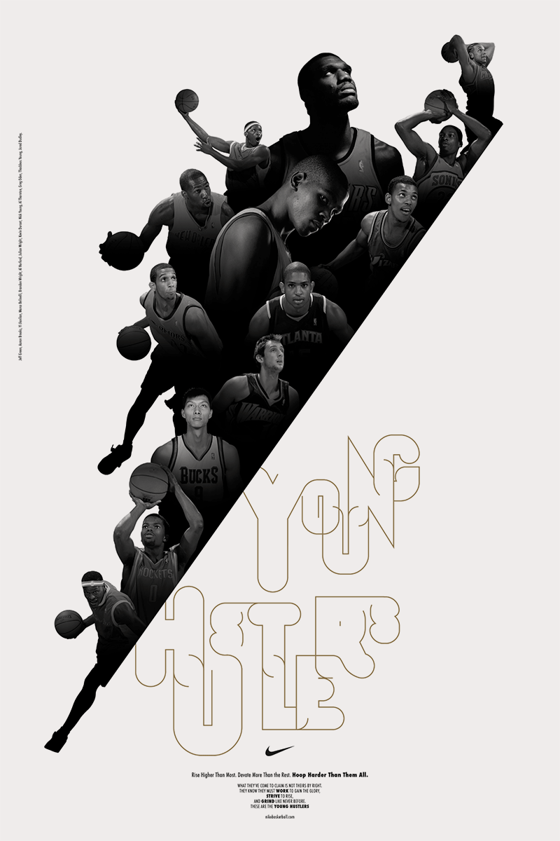 Poster: Monochrome cutouts of young basketball players cascading in a diagonal wedge