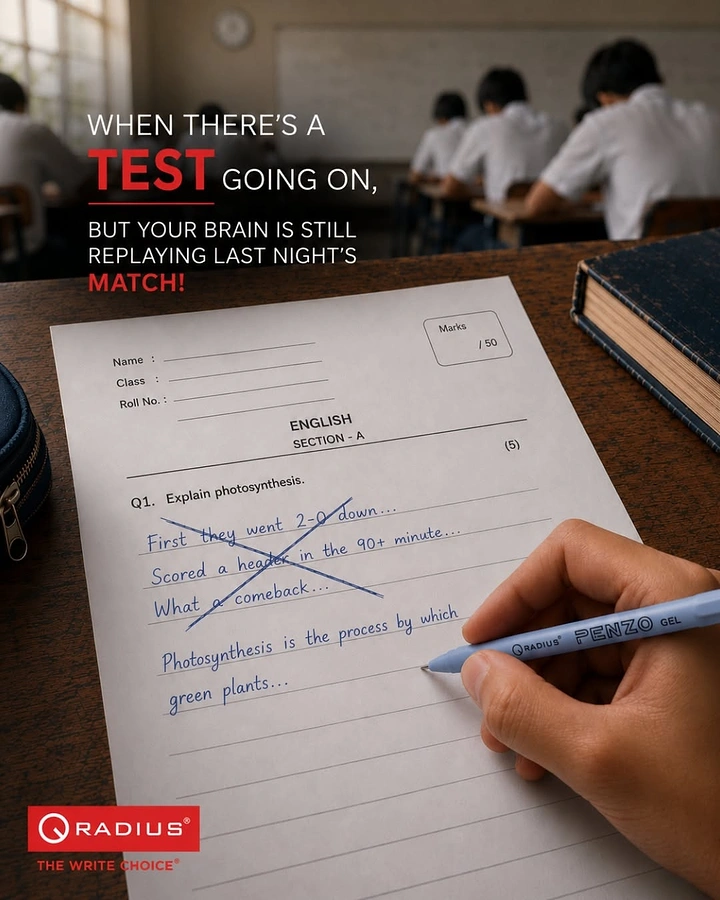 Stationery Shops creative ad: Hand writing on an exam sheet with a gel pen