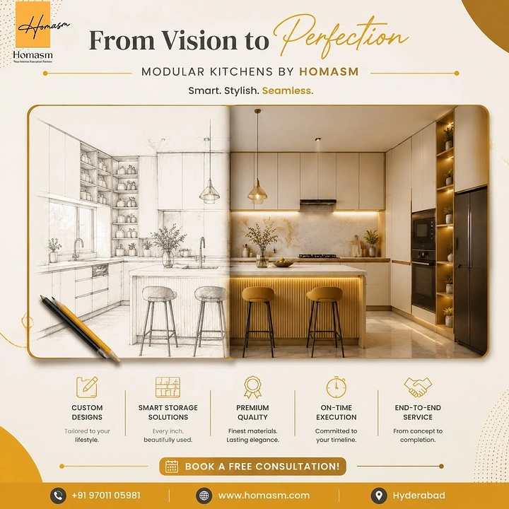 Home Renovation & Remodeling creative ad: A hand-drawn kitchen plan transforming into a finished luxury kitchen