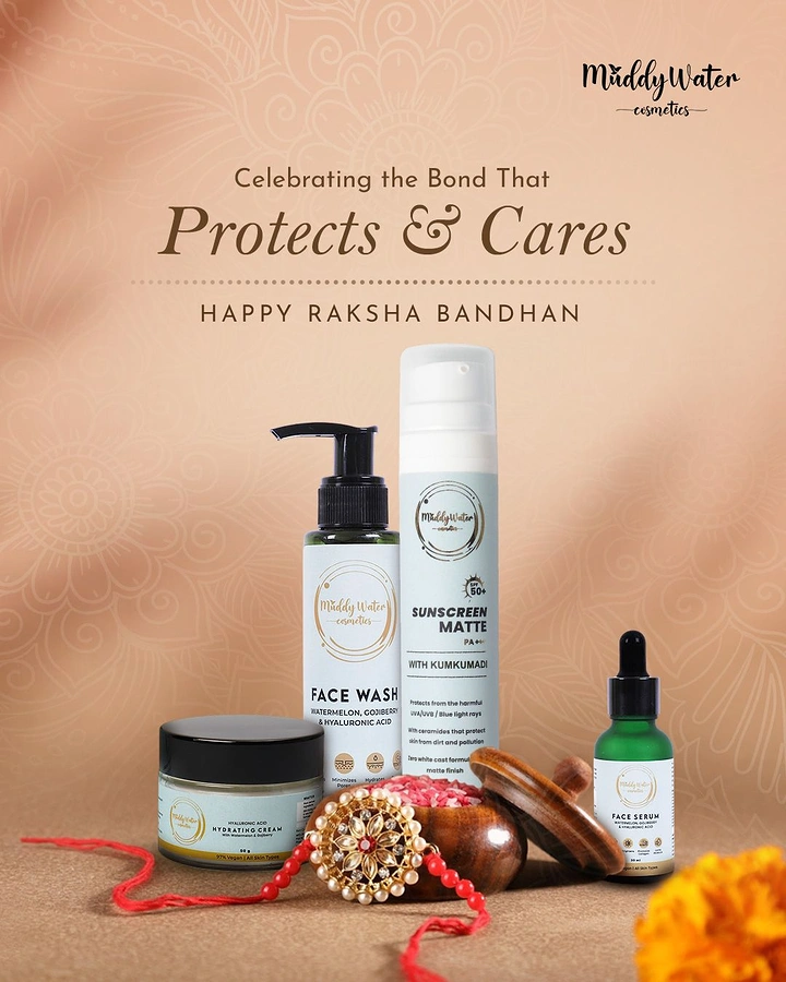 Raksha Bandhan creative ad: Skincare product lineup with a pearl rakhi and kumkum box