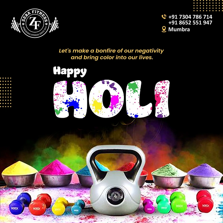 Holi creative ad: Kettlebell and dumbbells among gulal powders
