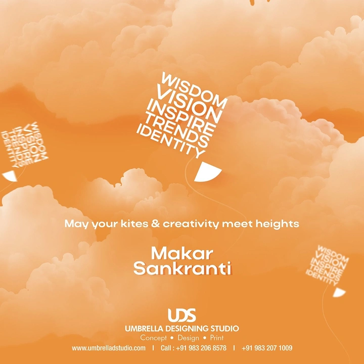 Makar Sankranti creative ad: Kites made of stacked words floating among orange clouds