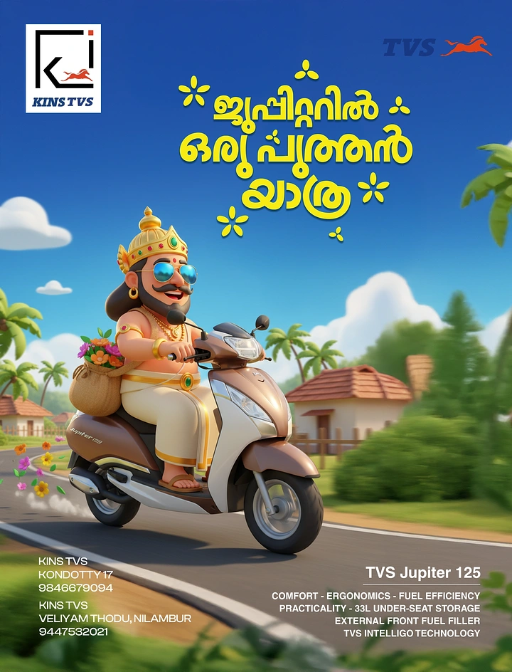 Onam creative ad: 3D Mahabali in sunglasses riding a scooter down a Kerala village road