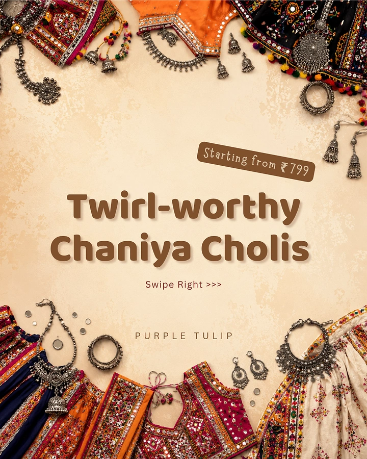 Navratri creative ad: Flat lay of mirror-work chaniya cholis and oxidised jewellery