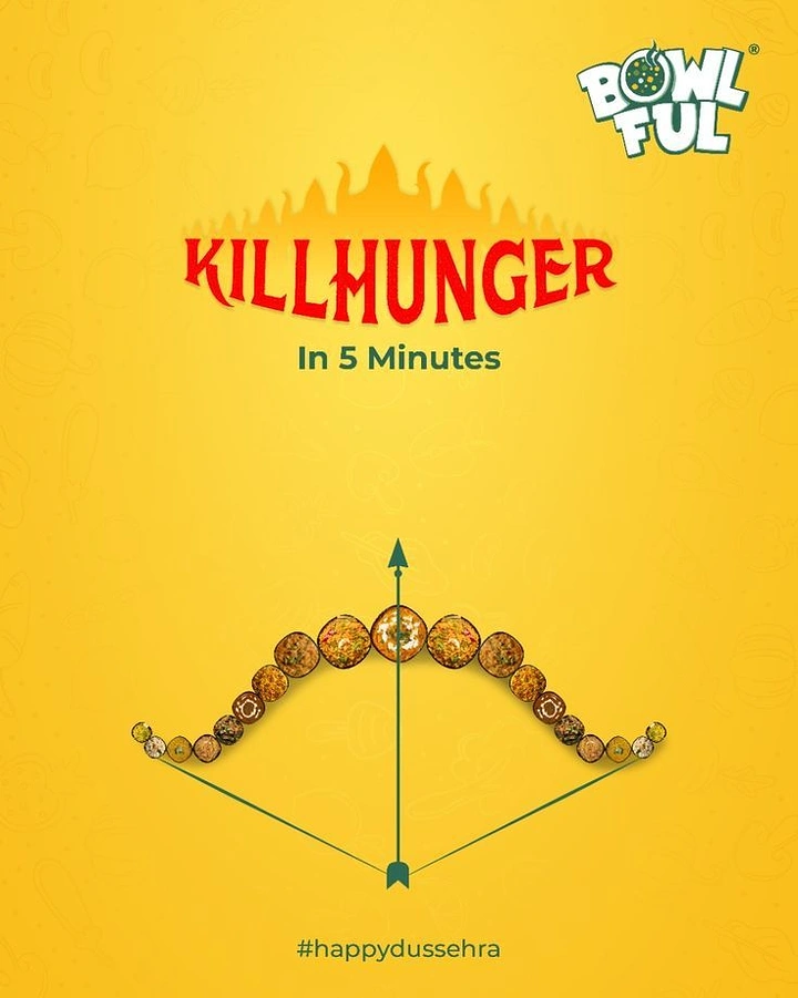 Dussehra creative ad: Bow built from a row of top-down food bowls with a drawn arrow