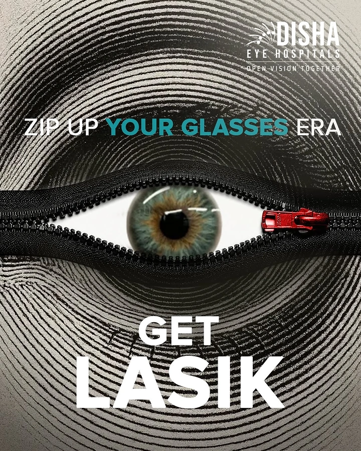 Opticians & Eye Care creative ad: Real eye revealed through an open zipper over a fingerprint-textured face
