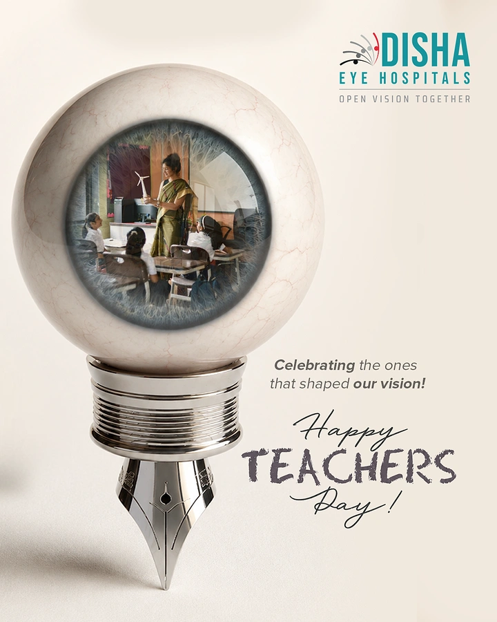 Teachers Day creative ad: Realistic eyeball on a fountain pen nib, with a classroom reflected in the iris