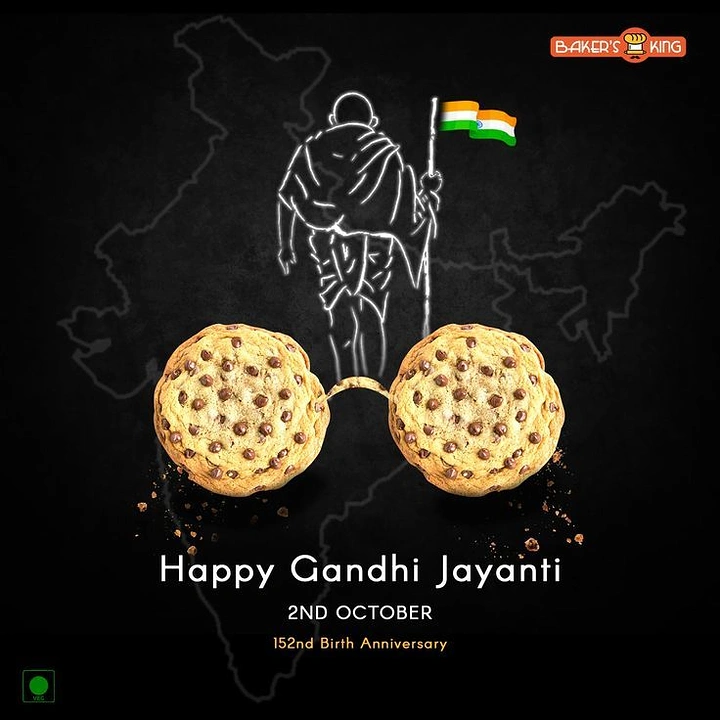 Gandhi Jayanti creative ad: Two chocolate chip cookies forming Gandhi's round spectacles below his walking silhouette