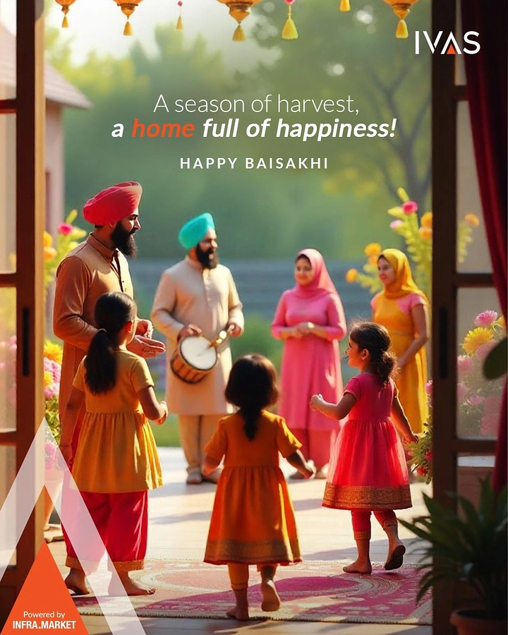 other-festival creative ad: Punjabi family celebrating Baisakhi in a home courtyard with a dhol