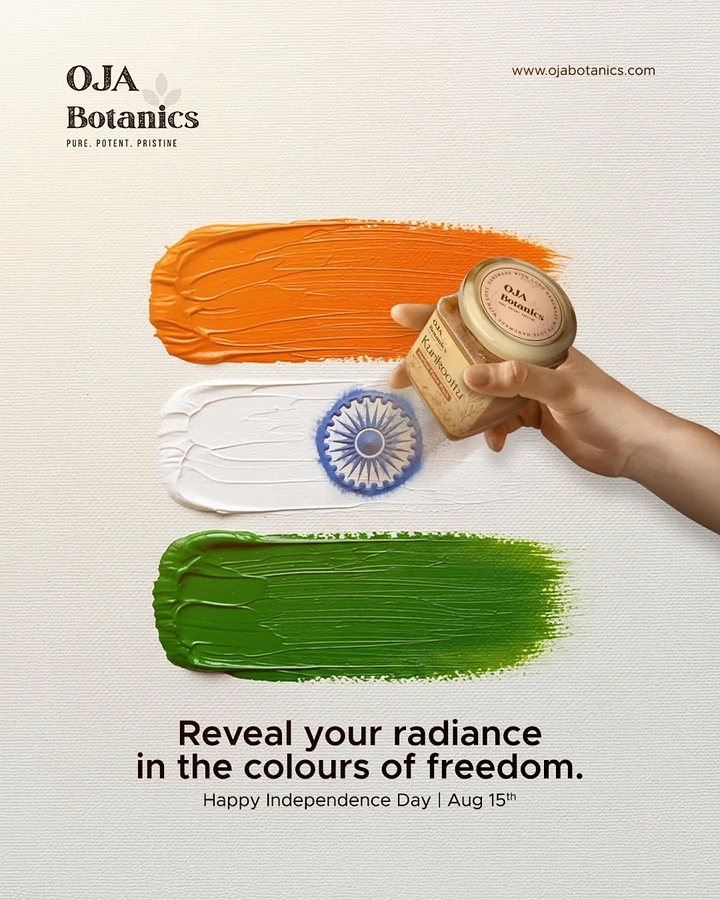 Independence Day creative ad: Hand sprinkling herbal powder from a jar to form the Ashoka Chakra on tricolour paint swatches