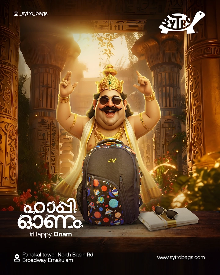 Onam creative ad: 3D cartoon Mahabali in sunglasses behind a space-print backpack