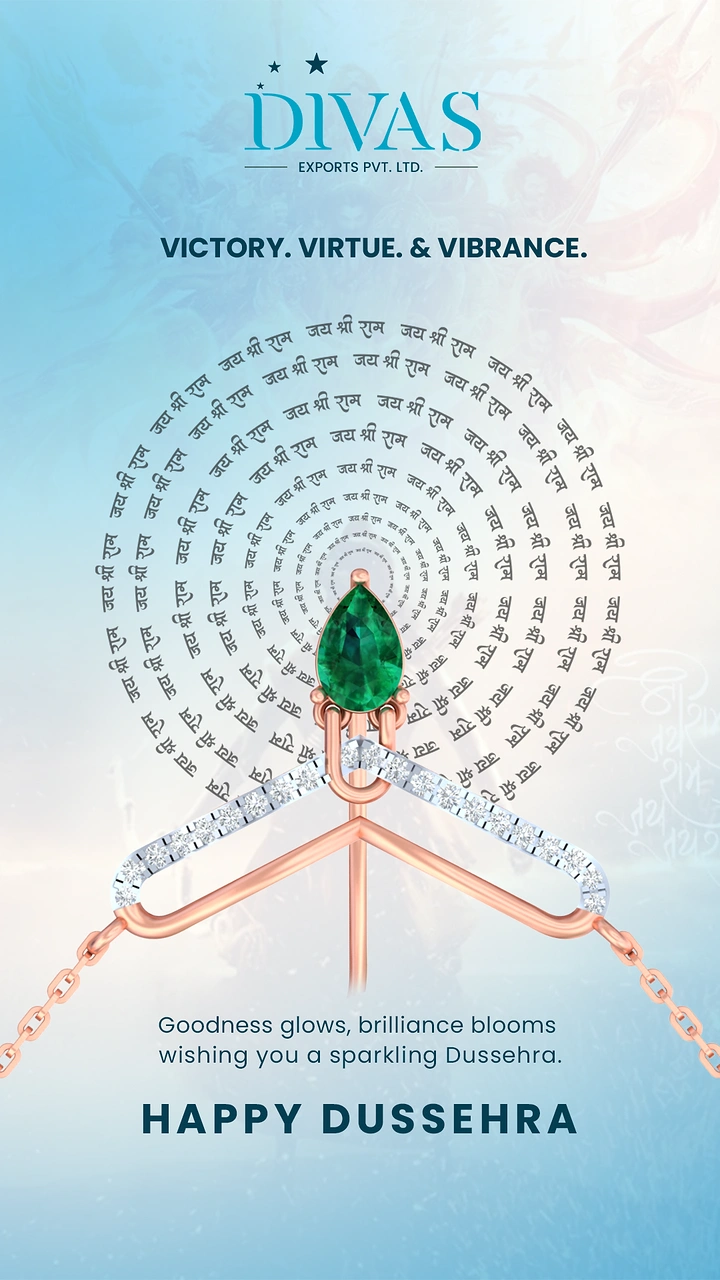 Dussehra creative ad: Emerald and diamond rose-gold pendant shaped like a bow