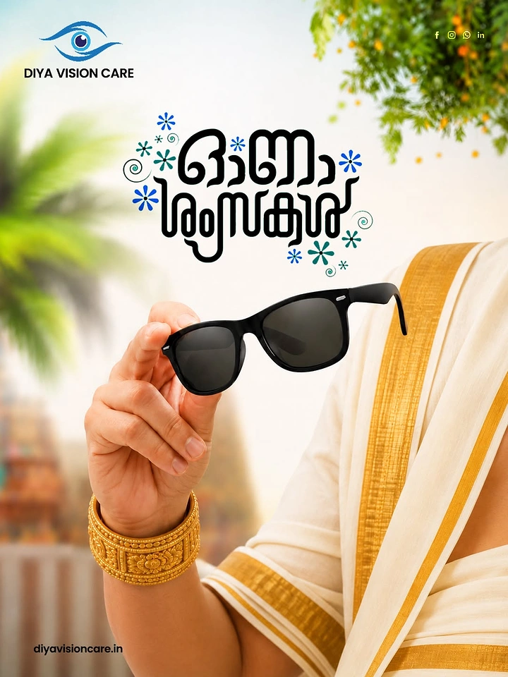 Onam creative ad: Hand in gold bangle holding black sunglasses beside kasavu-draped figure