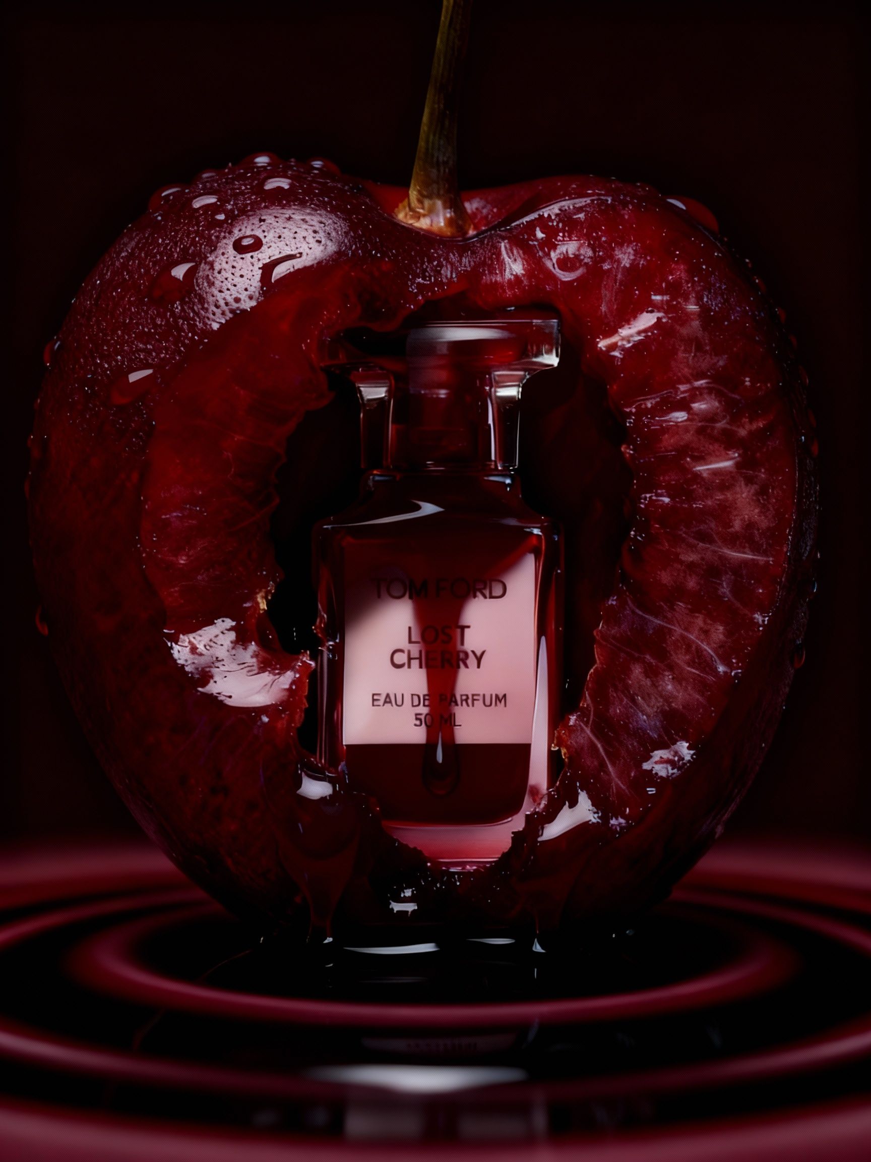 Instagram post: Perfume bottle embedded inside a glossy halved cherry