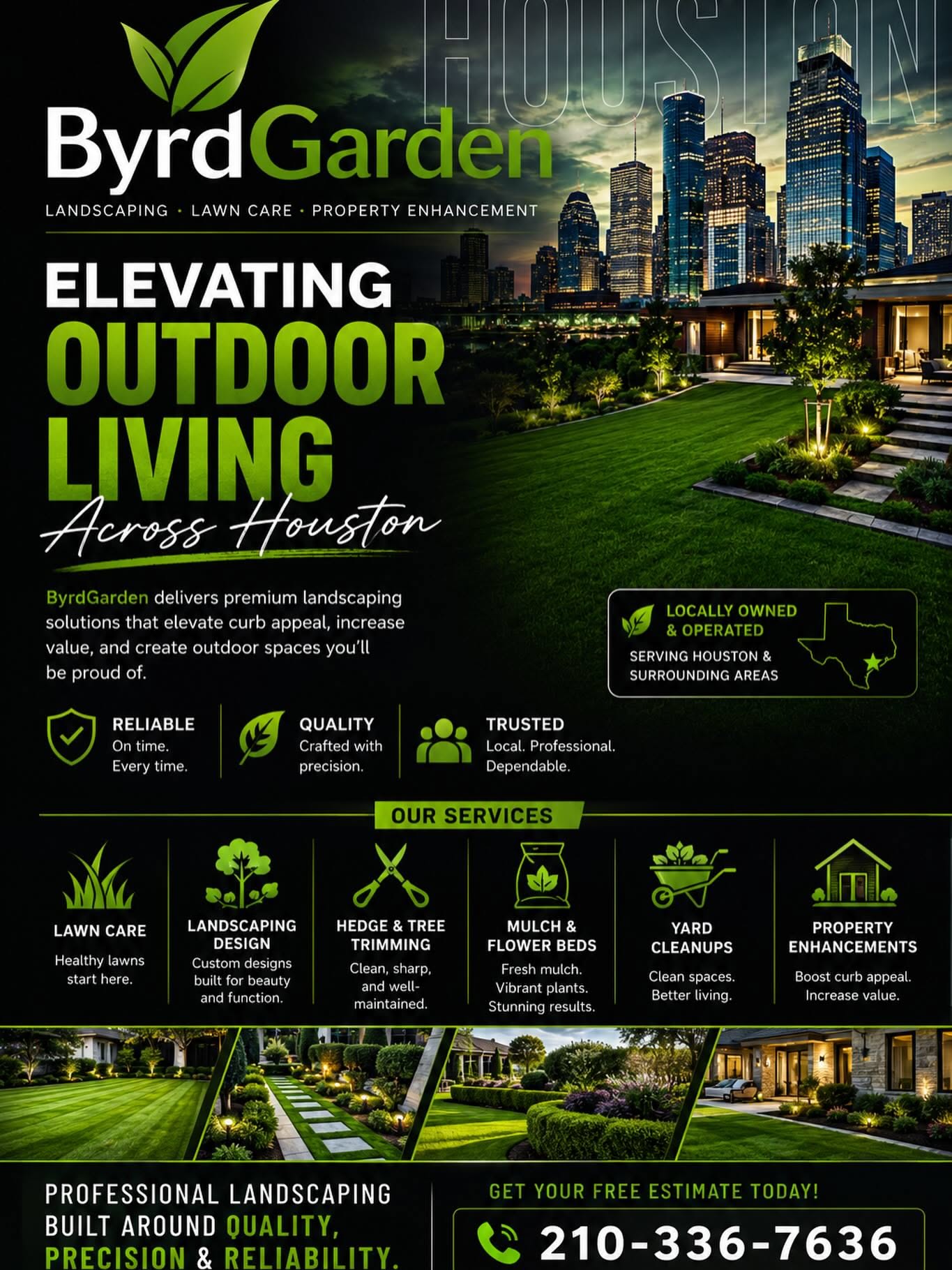 Flyer: A luxury landscaped residential yard glowing against a Houston skyline at dusk