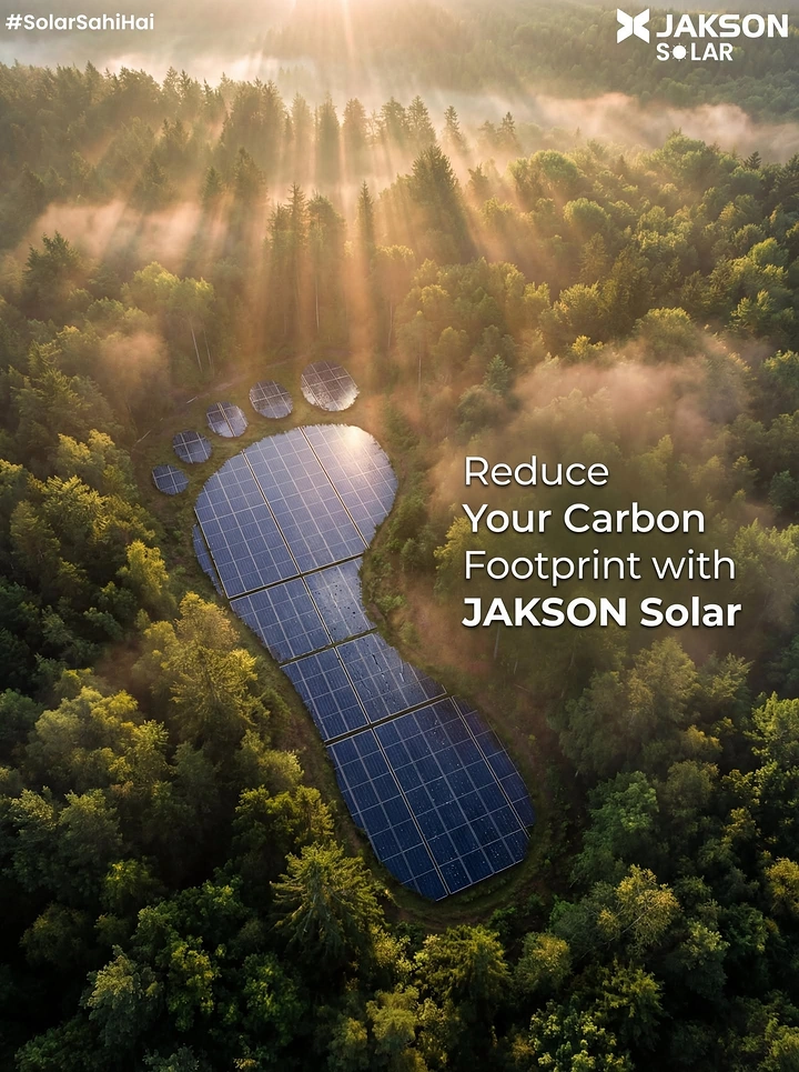 Solar & Energy creative ad: Aerial view of a solar farm shaped like a footprint in a misty forest