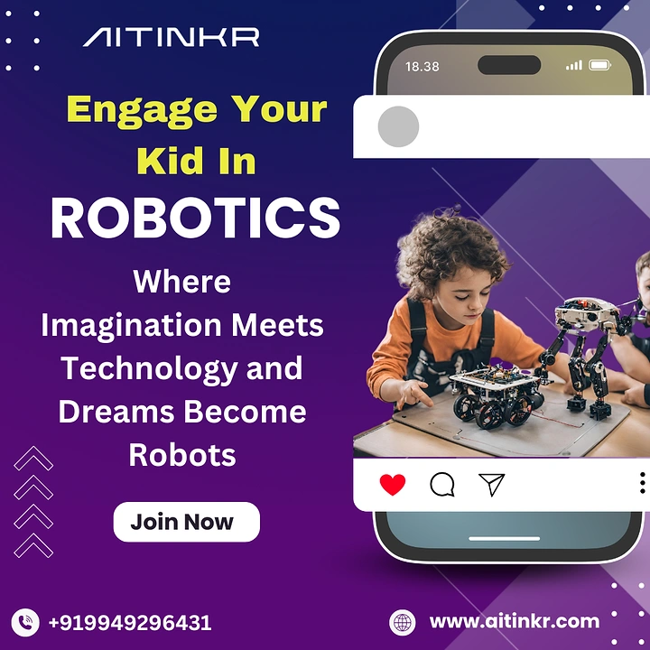 Robotics & STEM Classes creative ad: Robotics offer framed as a social phone feed