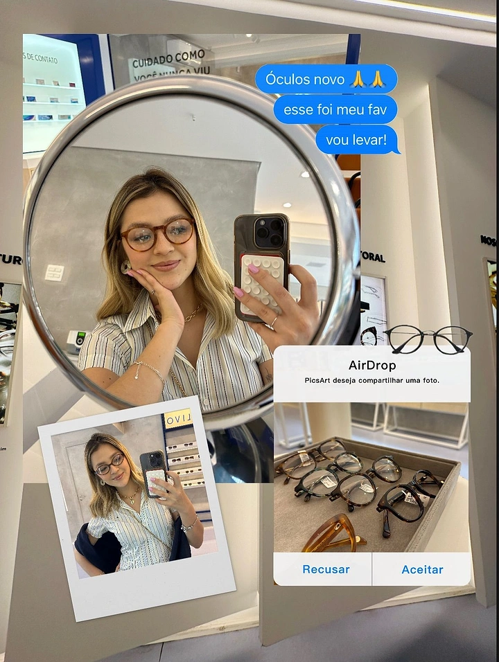 Opticians & Eye Care creative ad: Mirror selfie told through iMessage/AirDrop UI