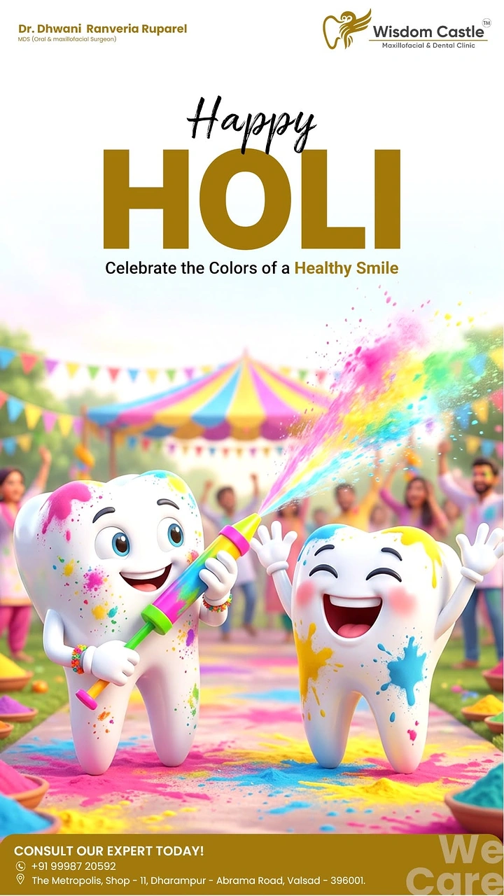 Holi creative ad: Two 3D cartoon teeth playing Holi with a water gun