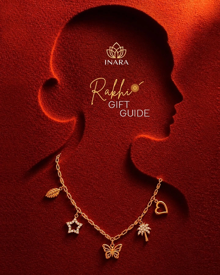 Raksha Bandhan creative ad: Gold charm necklace on a debossed female profile silhouette