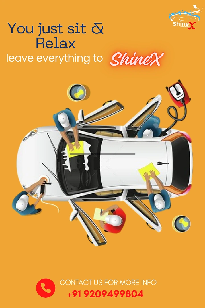 Car Wash & Detailing creative ad: Top-down car swarmed by cleaning hands