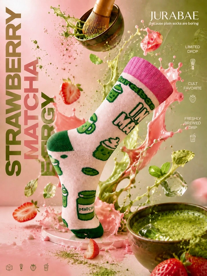 Socks Brands creative ad: Socks become vivid strawberry matcha props