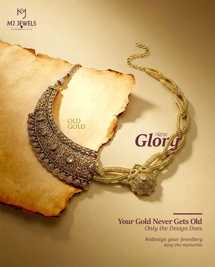 Creative ad: An antique filigree choker morphing into a modern gold link necklace over torn parchment