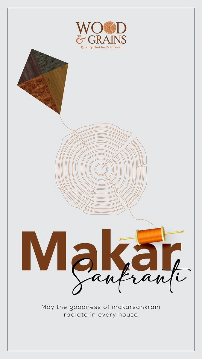 Makar Sankranti creative ad: Kite made of wood-veneer swatches, its string drawn as tree rings leading to a spool
