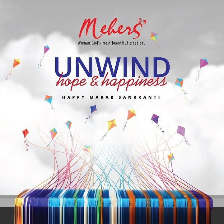 Makar Sankranti creative ad: Colourful threads unravelling from a fabric bolt into flying kites