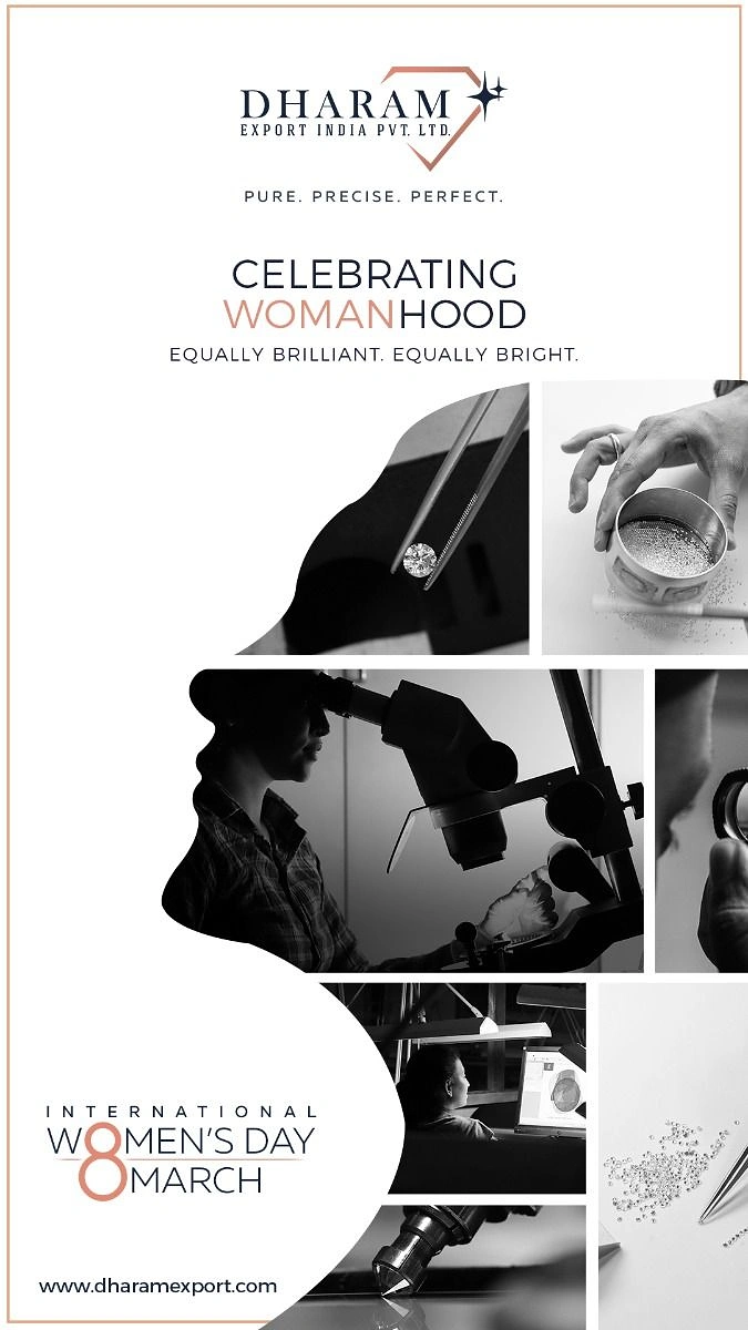 Women's Day creative ad: Monochrome collage of women diamond workers inside a profile silhouette