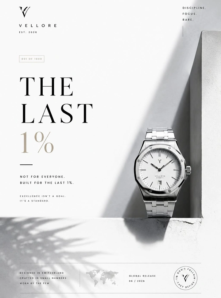 Creative ad: Silver steel watch standing on white concrete ledge